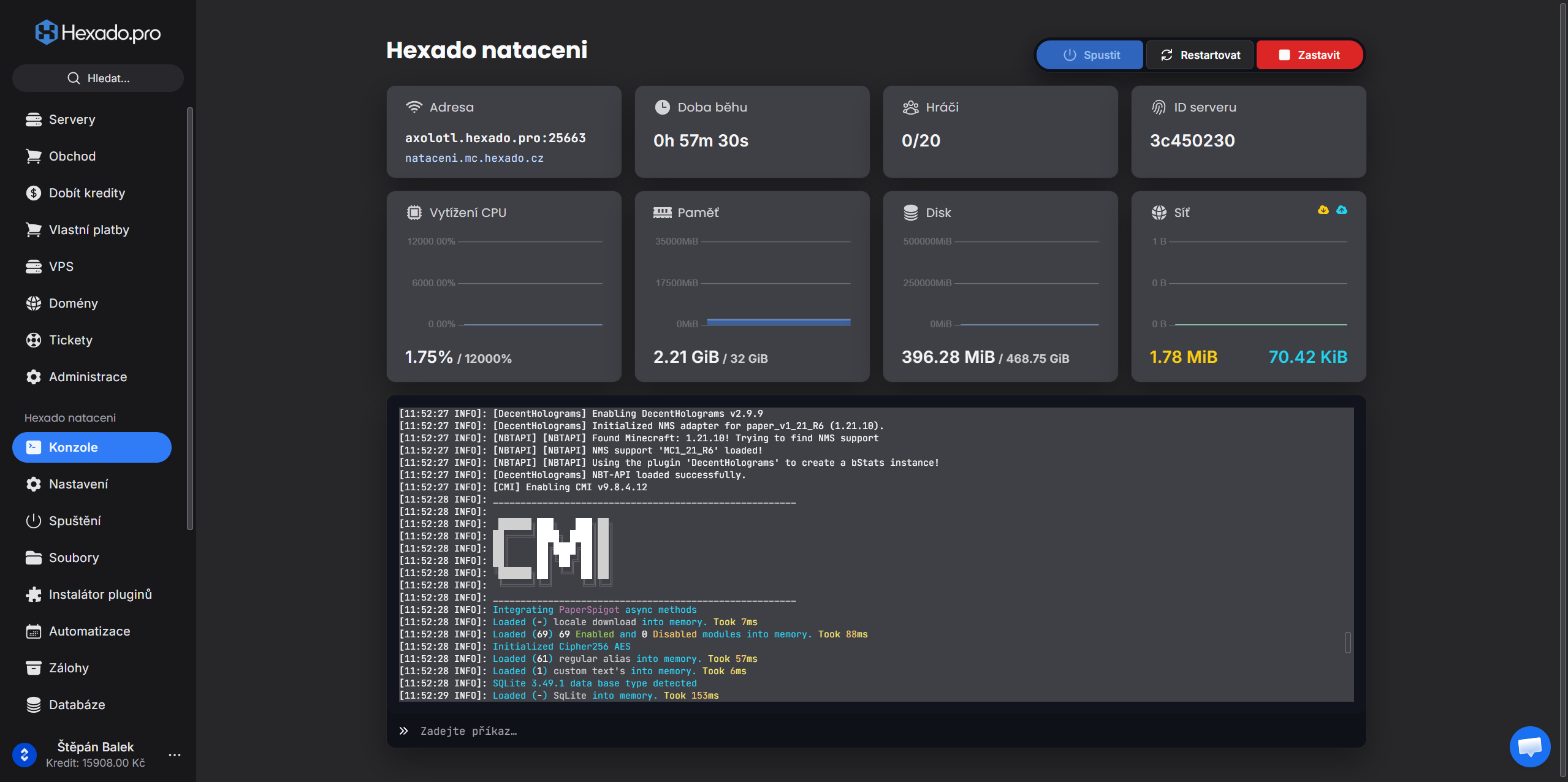 Hexado game server control panel